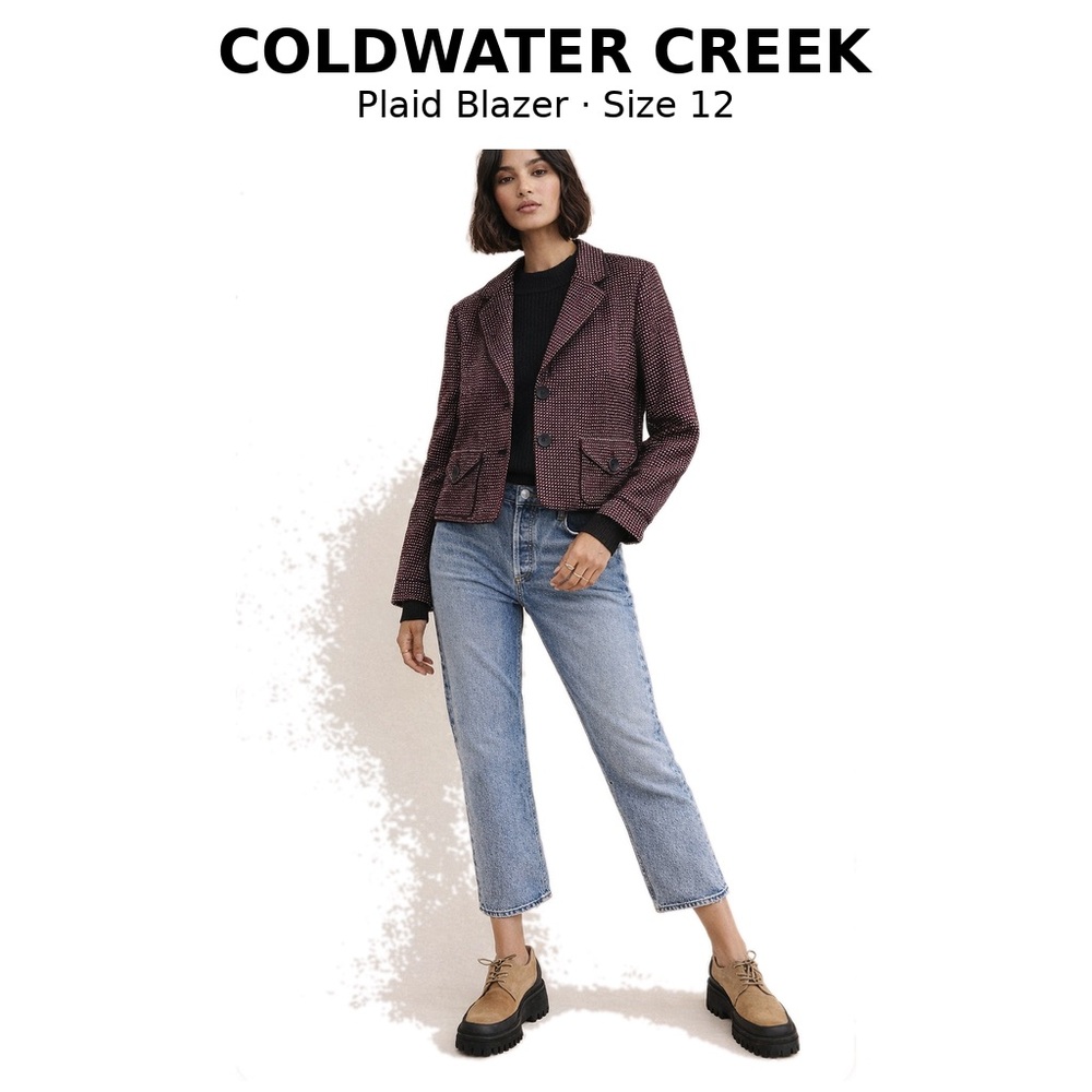 Coldwater Creek Navy & Red Plaid Blazer Sz 12 Cropped Cotton Lined Button Front